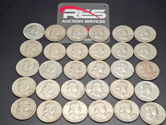 (30) Franklin Silver Half Dollars 1949-1957