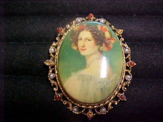 Signed Art porcelain portrait brooch