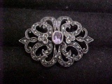 Sterling silver & marcasite pin w/ amethyst setting