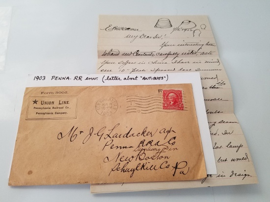 1903 Pennsylvania Railroad envelope w/ letter about antiques