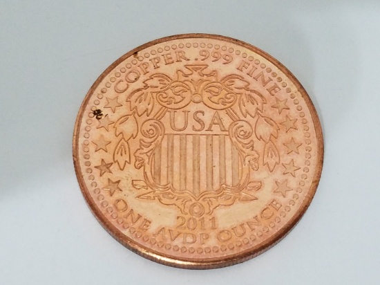 .999 fine 1 oz. solid copper medallion
