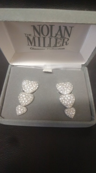 Nolan Miller heart rhinestone clip earrings in box