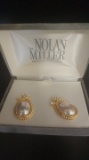 Nolan Miller cabochon & rhinestone earrings in box