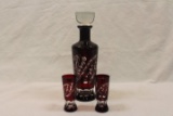 Ruby Cut to Clear Decanter and Shot Glasses.