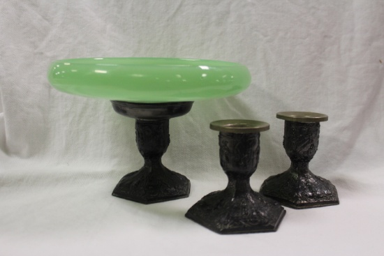 Jadeite Bowl w/Pewter Stand and Candle Sticks