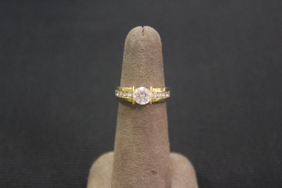 14K Yellow Gold Ring. CZ Center, 10-Side Diamonds. Weighs Approximately 5 grams total weight.
