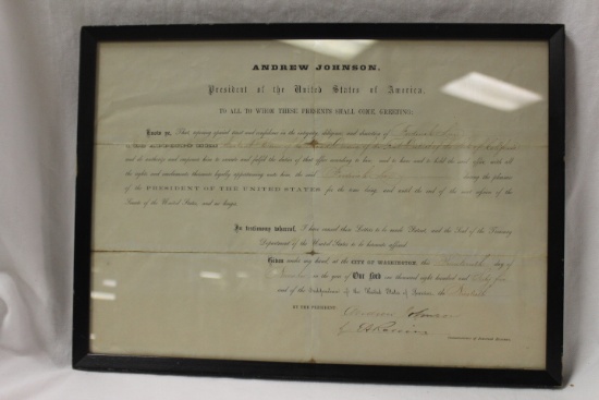 President Andrew Johnson Appointment Certificate 1865