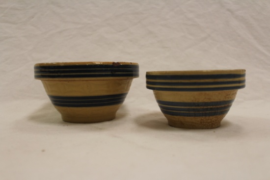 Set of 2 Yellow Ware Bowls w/ Blue Stripes