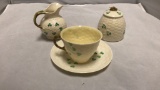 Belleek cup, saucer, creamer, honey pot