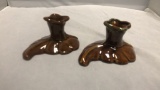 Van Briggle Set of Leaf Candle Sticks.