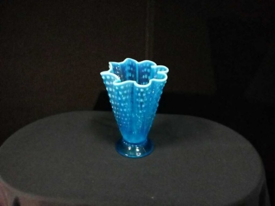 Vintage Blue Hobnail Ribbon Art GlassVase