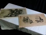 Set Of 2 Vintage Asian Drawings