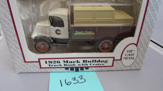 1926 Mack Bulldog Truck Bank with Crates, Die-Cast Replica.