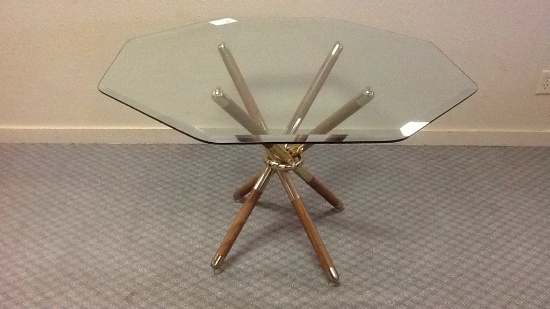 Brass wood and Glass Octagon Table