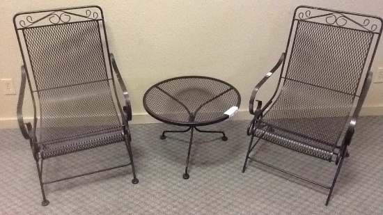 Metal Outdoor Set: Two Chairs & Round Side Table