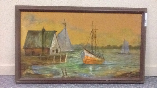 LARGE ARTWORK- BOAT IN HARBOR SCENE