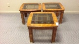Set of 3 Wood Brass and Glass End Tables
