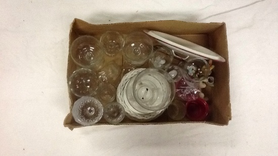 BOX OF MISC CLEAR GLASSES, WICKER OIL LAMP, ETC