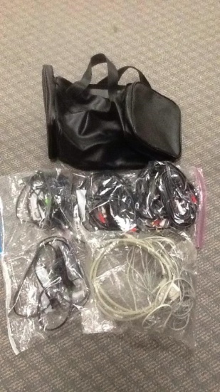 BOX OF MISC CORDS & LEATHER BAG