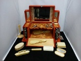 Orange Ornate Dresser Box w Sterling Manicure Set