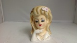 Lefton Lady Head Vase Long Hair with Pink Flowers
