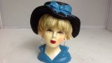 Lady Head Vase Black Hat with Blue Bow