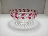 Glass Serving Bowl with Cranberry & Clear Leaves