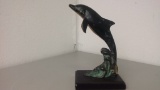 SPI Brass Dolphin Statue on Wood Base.