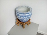 Large Blue and White Asian Pot  with Stand.