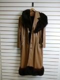 Vintage Lady's Long Leather Coat with Fur Collar