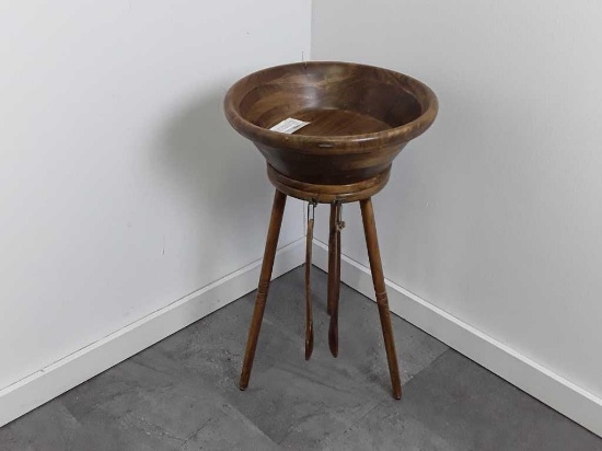 VINTAGE LARGE WOOD BOWL WITH TABLE TO HOLD IT