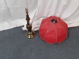 BRASS LAMP WITH VINTAGE RED WICKER SHADE