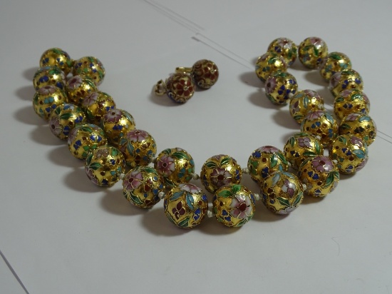 Gold Filled Earrings & 30" Cloisonne Bead Necklace