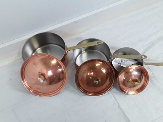 3 COPPER POTS W/ LIDS PAUL REVERE USA