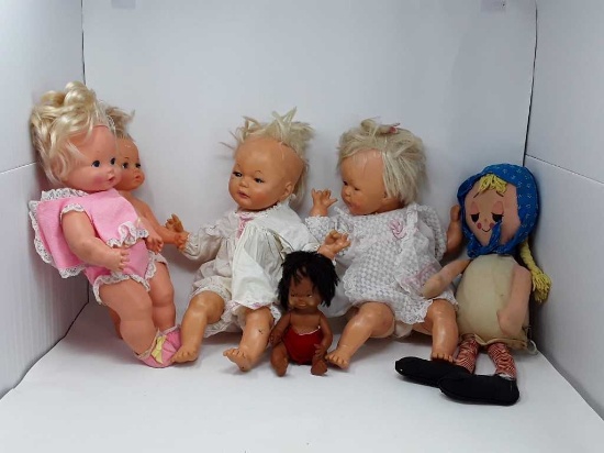 6 WELL LOVED VINTAGE DOLLS