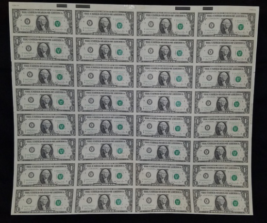 1981 FEDERAL RESERVE NOTES $1 ONE DOLLAR US 32 BILLS UNCUT UNCIRCULATED SHEET
