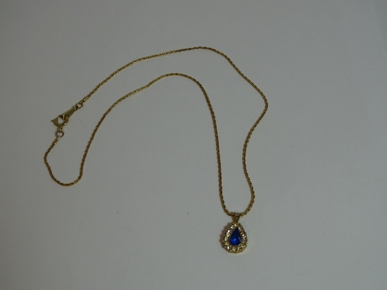 Avon Blue & Clear Gem Pendant & Golden Chain