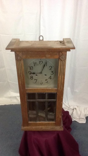 ANTIQUE BEVELED LEADED GLASS HANGING CLOCK