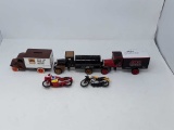 3 DIE CAST BANKS & 2 FRICTION MOTORCYCLES