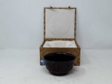 SMALL ASIAN CARVED BOWL BLACK WITH RED HAS BOX