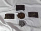 5 BELT BUCKLES WINCHESTER, COLT, AND A SAW