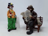 PAIR OF CLOWNS 1-HOBO ON BENCH 2- STARCHED CLOTHES