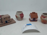 2 POTTERY HOUSES THAT HOLD CANDLES AND 2 POTS