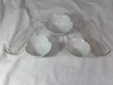 2 GLASS CORN BUTTER TRAY AND 3 VARI. SIZE BOWLS