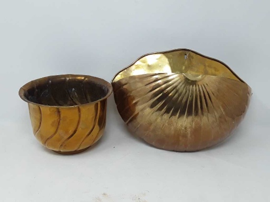 2 BRASS PLANT HOLDERS 1-WALL HOLDER 2-BOWL STYLE