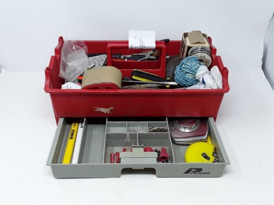 RED PLASTIC TOOL CRATE W/MISC TOOLS