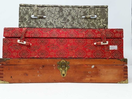 3 BOXES, 2 W/ASIAN STYLE FABRIC AND 1 WOOD