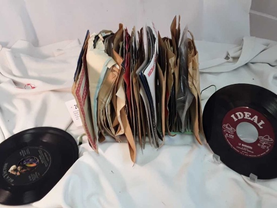LOT OF MISC 45 RECORDS & A SMALL WIRE HOLDER