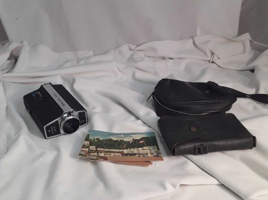 BELL & HOWELL W/CASE, LEATHER CASE & POSTCARDS