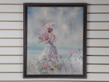 OIL ON CANVAS WOMAN HOLDING PARASOL & FLOWERS